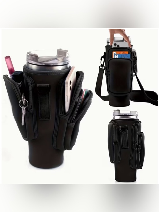 Handbags - Black Tumbler Carrier with Adjustable Straps and Pockets
